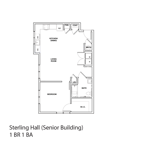 Floor plan for 1 bed, 1 bath, 675 sqft